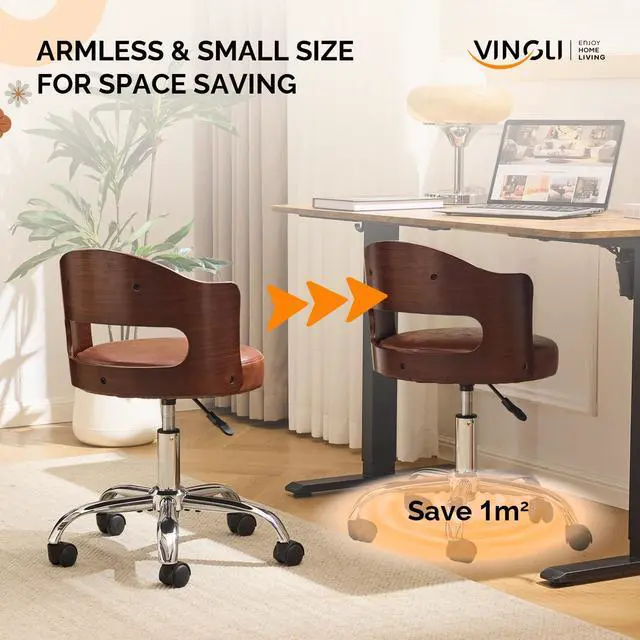 Alt view image 4 of 6 - Armless Home Office Desk Chair, Adjustable Swivel Chair,Dual-Use with/no Wheels,Small Retro Designed Walnut Curved Task Chair,Cushioned Nail Tech Chair for Study Area,Workspace,PU,Brown