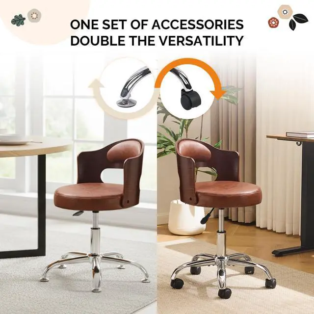Alt view image 5 of 6 - Armless Home Office Desk Chair, Adjustable Swivel Chair,Dual-Use with/no Wheels,Small Retro Designed Walnut Curved Task Chair,Cushioned Nail Tech Chair for Study Area,Workspace,PU,Brown