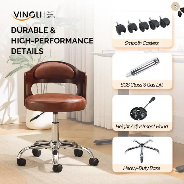Alt view image 6 of 6 - Armless Home Office Desk Chair, Adjustable Swivel Chair,Dual-Use with/no Wheels,Small Retro Designed Walnut Curved Task Chair,Cushioned Nail Tech Chair for Study Area,Workspace,PU,Brown