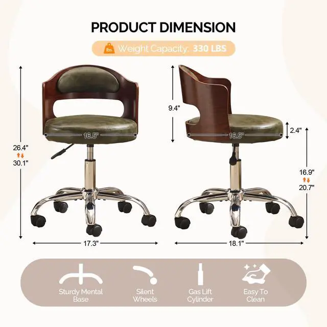 Alt view image 2 of 6 - Armless Home Office Desk Chair, Adjustable Swivel Chair,Dual-Use with/no Wheels,Small Retro Designed Walnut Curved Task Chair,Cushioned Nail Tech Chair for Study Area,Workspace,PU,Olive Green