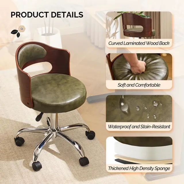 Alt view image 3 of 6 - Armless Home Office Desk Chair, Adjustable Swivel Chair,Dual-Use with/no Wheels,Small Retro Designed Walnut Curved Task Chair,Cushioned Nail Tech Chair for Study Area,Workspace,PU,Olive Green