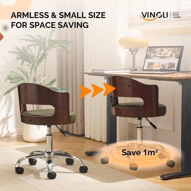 Alt view image 4 of 6 - Armless Home Office Desk Chair, Adjustable Swivel Chair,Dual-Use with/no Wheels,Small Retro Designed Walnut Curved Task Chair,Cushioned Nail Tech Chair for Study Area,Workspace,PU,Olive Green