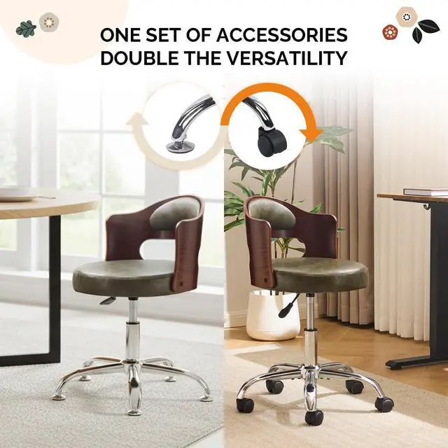 Alt view image 5 of 6 - Armless Home Office Desk Chair, Adjustable Swivel Chair,Dual-Use with/no Wheels,Small Retro Designed Walnut Curved Task Chair,Cushioned Nail Tech Chair for Study Area,Workspace,PU,Olive Green