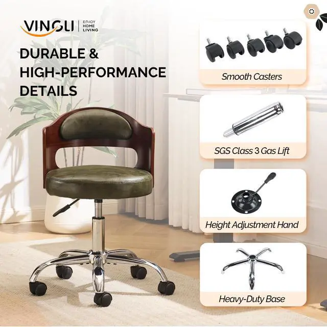 Alt view image 6 of 6 - Armless Home Office Desk Chair, Adjustable Swivel Chair,Dual-Use with/no Wheels,Small Retro Designed Walnut Curved Task Chair,Cushioned Nail Tech Chair for Study Area,Workspace,PU,Olive Green