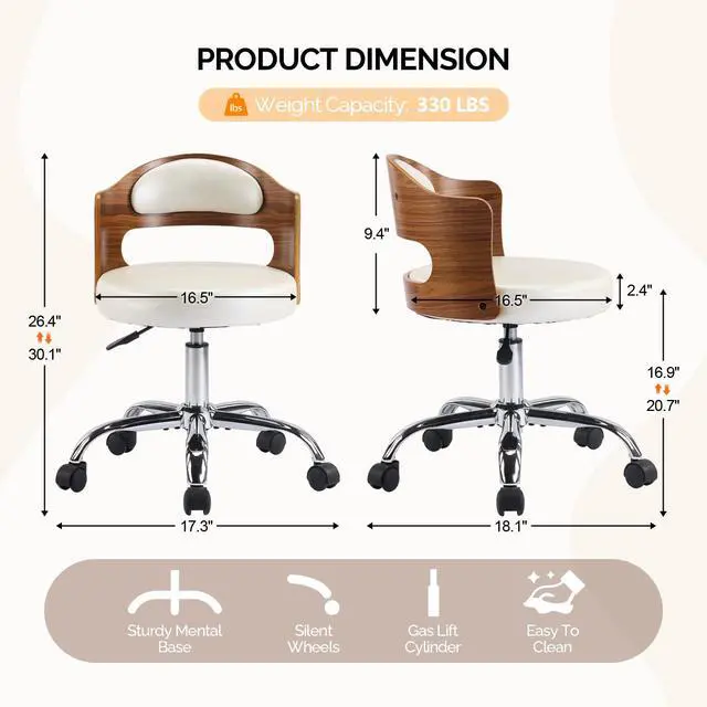 Alt view image 2 of 6 - Armless Home Office Desk Chair, Adjustable Swivel Chair,Dual-Use with/no Wheels,Small Retro Designed Walnut Curved Task Chair,Cushioned Nail Tech Chair for Study Area,Workspace,PU,Ivory White