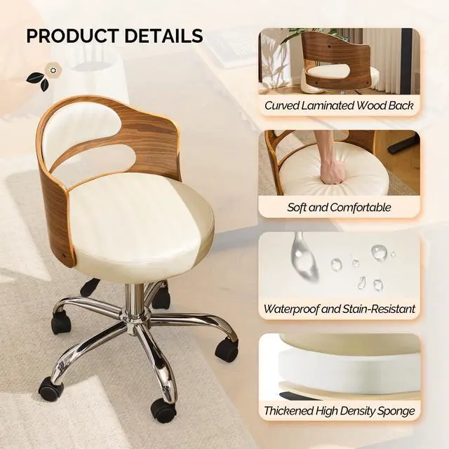 Alt view image 3 of 6 - Armless Home Office Desk Chair, Adjustable Swivel Chair,Dual-Use with/no Wheels,Small Retro Designed Walnut Curved Task Chair,Cushioned Nail Tech Chair for Study Area,Workspace,PU,Ivory White