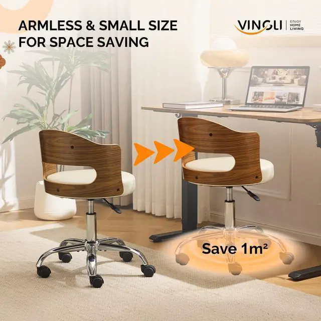 Alt view image 4 of 6 - Armless Home Office Desk Chair, Adjustable Swivel Chair,Dual-Use with/no Wheels,Small Retro Designed Walnut Curved Task Chair,Cushioned Nail Tech Chair for Study Area,Workspace,PU,Ivory White