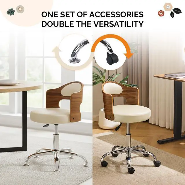 Alt view image 5 of 6 - Armless Home Office Desk Chair, Adjustable Swivel Chair,Dual-Use with/no Wheels,Small Retro Designed Walnut Curved Task Chair,Cushioned Nail Tech Chair for Study Area,Workspace,PU,Ivory White