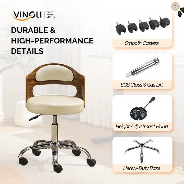 Alt view image 6 of 6 - Armless Home Office Desk Chair, Adjustable Swivel Chair,Dual-Use with/no Wheels,Small Retro Designed Walnut Curved Task Chair,Cushioned Nail Tech Chair for Study Area,Workspace,PU,Ivory White