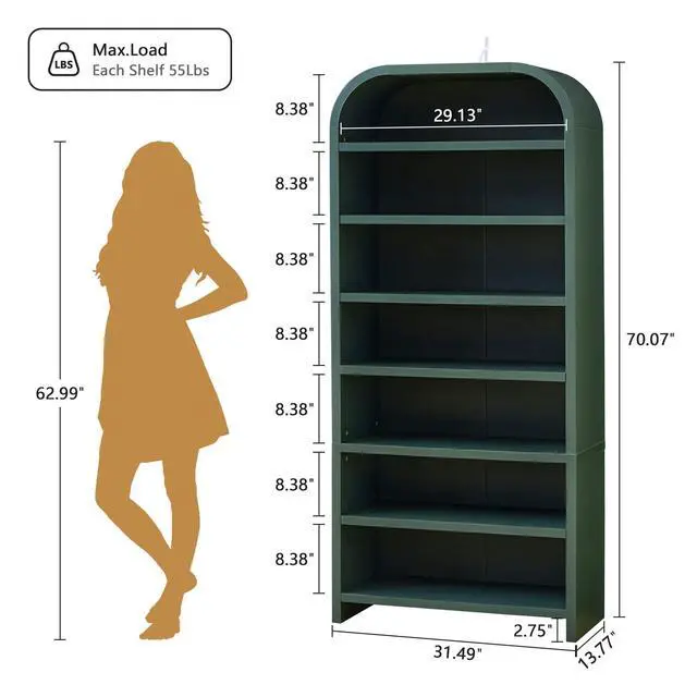 Alt view image 2 of 6 - 70" Tall Arched Bookcase, 7-Tier Freestanding Storage Cabinet with Adjustable Shelves, Thick MDF Bookshelf for Bathroom Living Room Bedroom (Green)