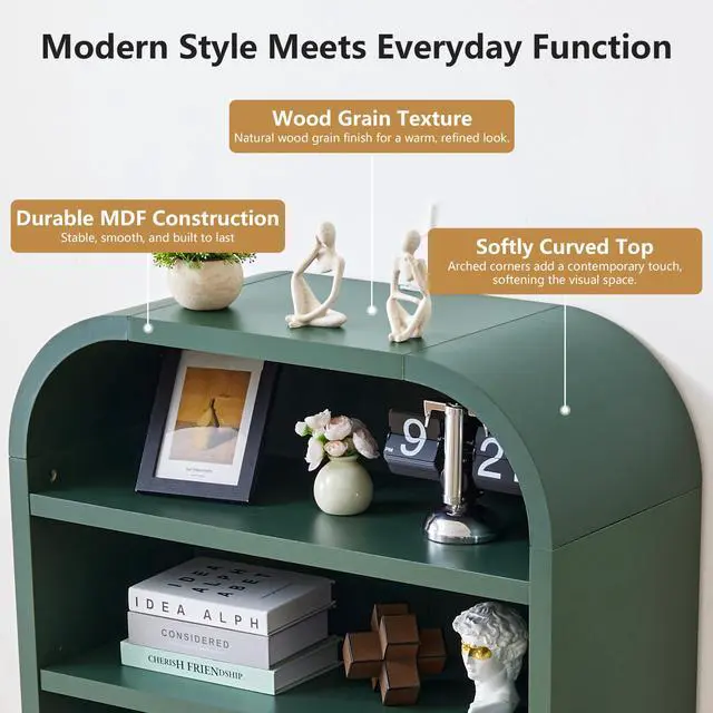 Alt view image 3 of 6 - 70" Tall Arched Bookcase, 7-Tier Freestanding Storage Cabinet with Adjustable Shelves, Thick MDF Bookshelf for Bathroom Living Room Bedroom (Green)