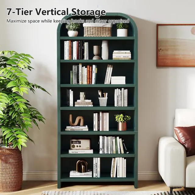 Alt view image 4 of 6 - 70" Tall Arched Bookcase, 7-Tier Freestanding Storage Cabinet with Adjustable Shelves, Thick MDF Bookshelf for Bathroom Living Room Bedroom (Green)