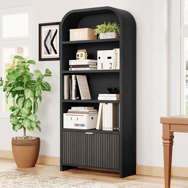 Main image of Arched Bookcase with Drawer, 70" Tall 5-Tier Bookshelf with Fluted Carved Drawer, Freestanding Display Storage Cabinet for Living Room Bedroom Home Office (Black)
