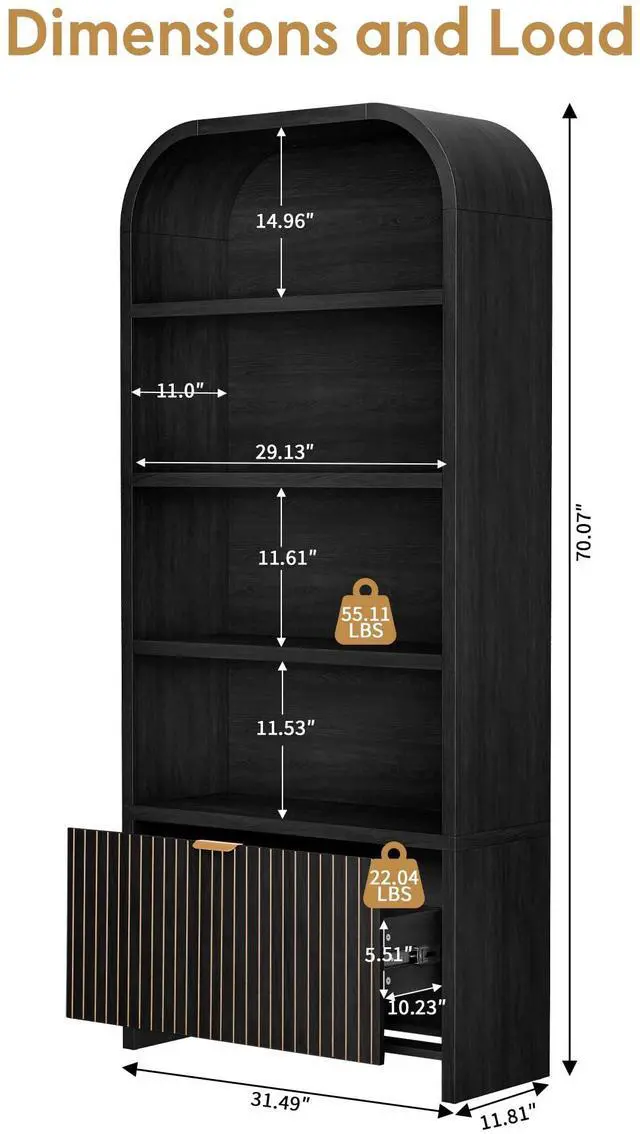 Alt view image 2 of 6 - Arched Bookcase with Drawer, 70" Tall 5-Tier Bookshelf with Fluted Carved Drawer, Freestanding Display Storage Cabinet for Living Room Bedroom Home Office (Black)