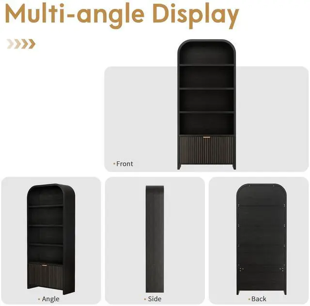 Alt view image 5 of 6 - Arched Bookcase with Drawer, 70" Tall 5-Tier Bookshelf with Fluted Carved Drawer, Freestanding Display Storage Cabinet for Living Room Bedroom Home Office (Black)