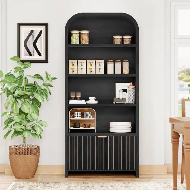 Alt view image 6 of 6 - Arched Bookcase with Drawer, 70" Tall 5-Tier Bookshelf with Fluted Carved Drawer, Freestanding Display Storage Cabinet for Living Room Bedroom Home Office (Black)