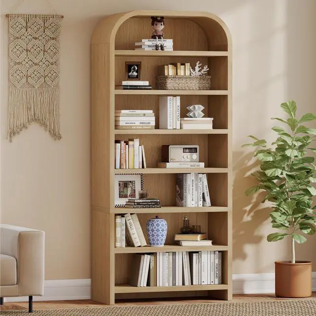 Main image of 70" Tall Arched Bookcase, 7-Tier Freestanding Storage Cabinet with Adjustable Shelves, Thick MDF Bookshelf for Bathroom Living Room Bedroom (Natural)