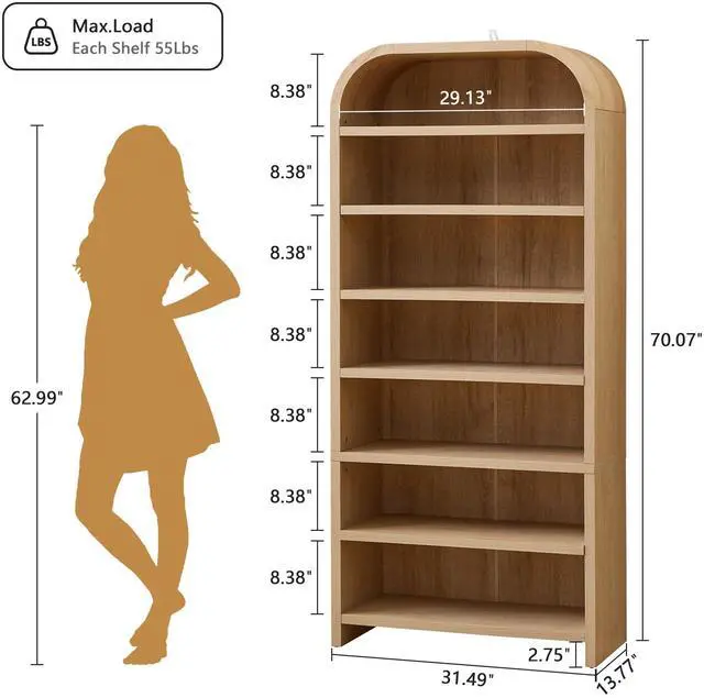 Alt view image 2 of 6 - 70" Tall Arched Bookcase, 7-Tier Freestanding Storage Cabinet with Adjustable Shelves, Thick MDF Bookshelf for Bathroom Living Room Bedroom (Natural)