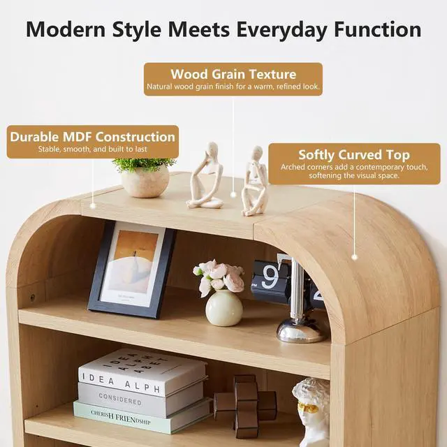 Alt view image 3 of 6 - 70" Tall Arched Bookcase, 7-Tier Freestanding Storage Cabinet with Adjustable Shelves, Thick MDF Bookshelf for Bathroom Living Room Bedroom (Natural)