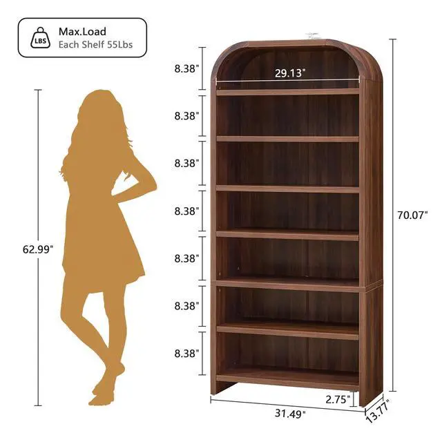 Alt view image 2 of 6 - 70" Tall Arched Bookcase, 7-Tier Freestanding Storage Cabinet with Adjustable Shelves, Thick MDF Bookshelf for Bathroom Living Room Bedroom (Walnut)