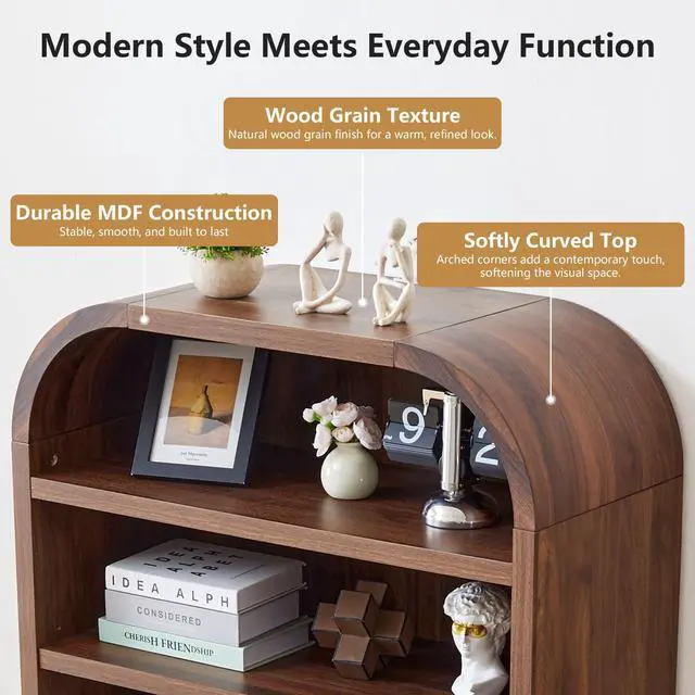 Alt view image 3 of 6 - 70" Tall Arched Bookcase, 7-Tier Freestanding Storage Cabinet with Adjustable Shelves, Thick MDF Bookshelf for Bathroom Living Room Bedroom (Walnut)