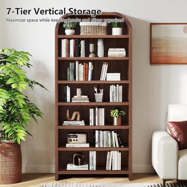 Alt view image 4 of 6 - 70" Tall Arched Bookcase, 7-Tier Freestanding Storage Cabinet with Adjustable Shelves, Thick MDF Bookshelf for Bathroom Living Room Bedroom (Walnut)