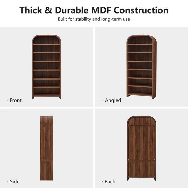 Alt view image 6 of 6 - 70" Tall Arched Bookcase, 7-Tier Freestanding Storage Cabinet with Adjustable Shelves, Thick MDF Bookshelf for Bathroom Living Room Bedroom (Walnut)