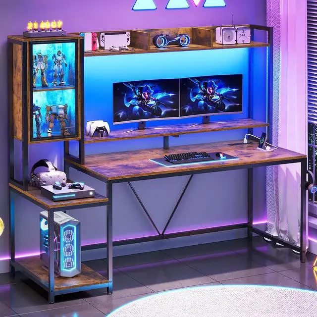 Main image of Gaming Desk, 60'' Gaming Desk with Hutch and LED Lights, Computer Desk with Storage Shelves, Large PC Gamer Desk with Display Cabinet, Monitor Stand, Power Outlet for Home Office, Rustic Brown