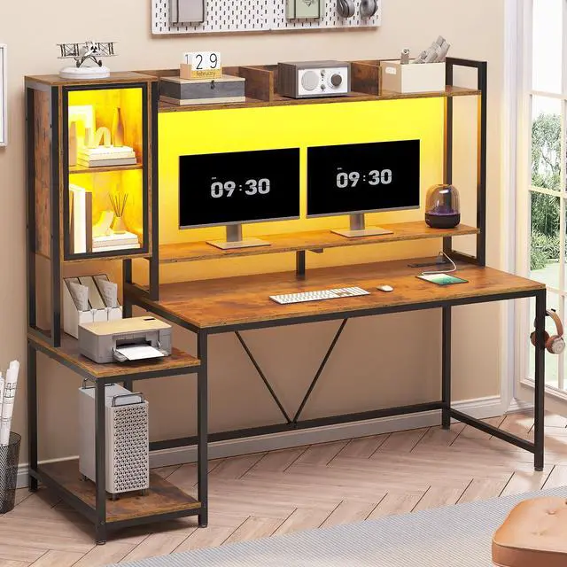 Alt view image 3 of 6 - Gaming Desk, 60'' Gaming Desk with Hutch and LED Lights, Computer Desk with Storage Shelves, Large PC Gamer Desk with Display Cabinet, Monitor Stand, Power Outlet for Home Office, Rustic Brown