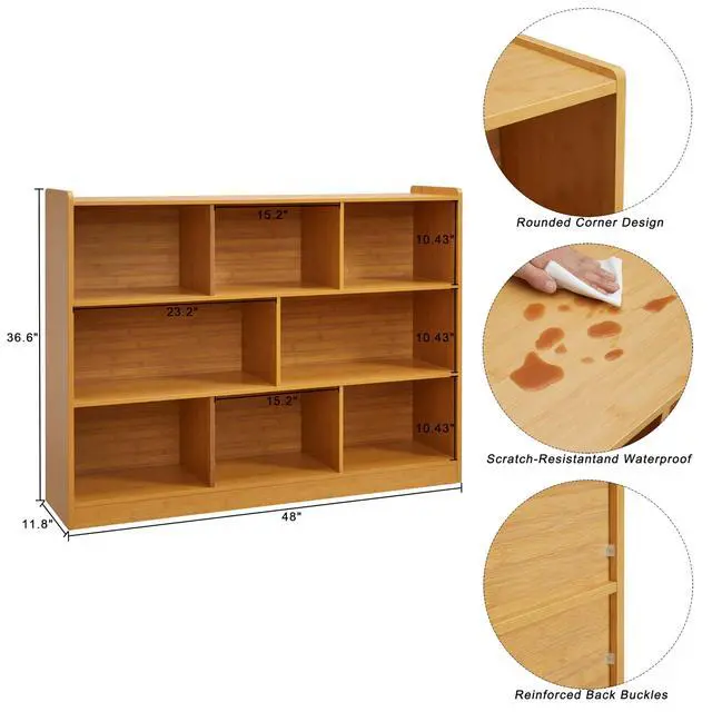 Alt view image 2 of 6 - 3-Tier Bookshelf, 8-Section Wooden Bookcase, Storage Organizer with Anti-Tilt Device, Modern Storage Display Cabinet for Living Room, Classroom, Kids Room (Natural), FJHL-011YE