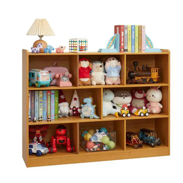 Alt view image 3 of 6 - 3-Tier Bookshelf, 8-Section Wooden Bookcase, Storage Organizer with Anti-Tilt Device, Modern Storage Display Cabinet for Living Room, Classroom, Kids Room (Natural), FJHL-011YE