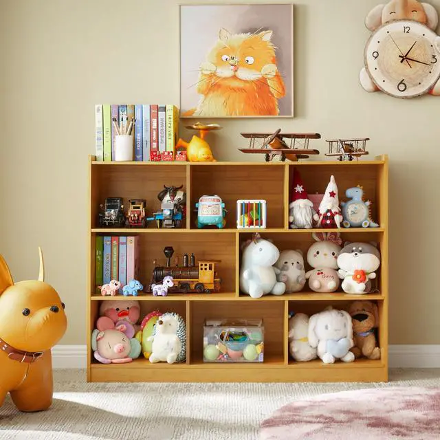 Alt view image 6 of 6 - 3-Tier Bookshelf, 8-Section Wooden Bookcase, Storage Organizer with Anti-Tilt Device, Modern Storage Display Cabinet for Living Room, Classroom, Kids Room (Natural), FJHL-011YE