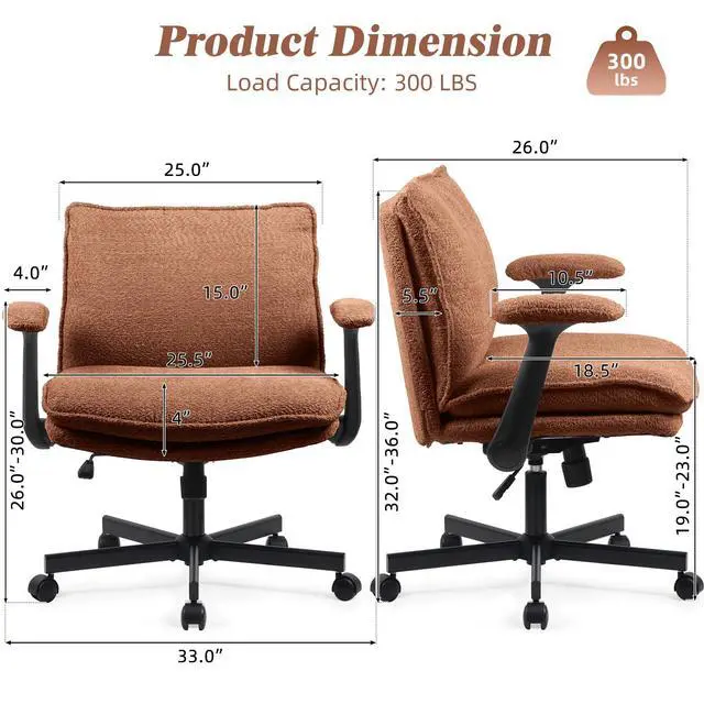 Alt view image 2 of 6 - Criss Cross Legged Office Chair with Wheels and Flip-Up Arms, Upholstered Criss Cross Desk Chair, Wide Seat Chairs for Home Office, Vanity, Apartment, Orange