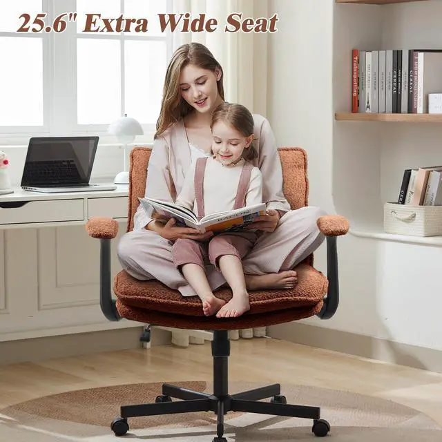 Alt view image 3 of 6 - Criss Cross Legged Office Chair with Wheels and Flip-Up Arms, Upholstered Criss Cross Desk Chair, Wide Seat Chairs for Home Office, Vanity, Apartment, Orange