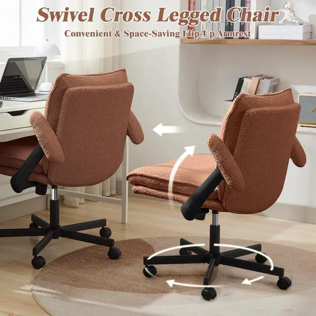 Alt view image 4 of 6 - Criss Cross Legged Office Chair with Wheels and Flip-Up Arms, Upholstered Criss Cross Desk Chair, Wide Seat Chairs for Home Office, Vanity, Apartment, Orange