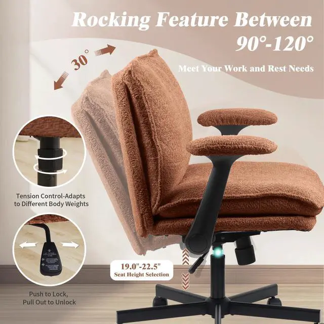 Alt view image 6 of 6 - Criss Cross Legged Office Chair with Wheels and Flip-Up Arms, Upholstered Criss Cross Desk Chair, Wide Seat Chairs for Home Office, Vanity, Apartment, Orange