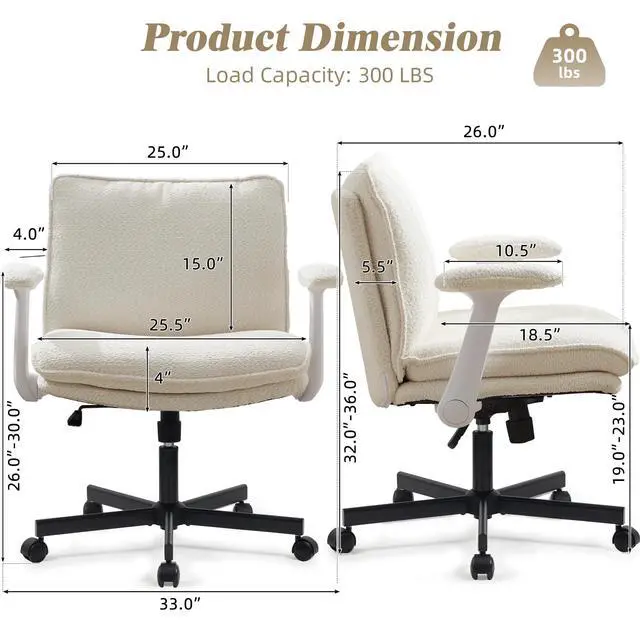 Alt view image 2 of 6 - Criss Cross Legged Office Chair with Wheels and Flip-Up Arms, Upholstered Criss Cross Desk Chair, Wide Seat Chairs for Home Office, Vanity, Apartment, Beige
