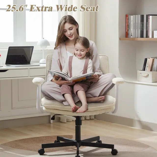 Alt view image 3 of 6 - Criss Cross Legged Office Chair with Wheels and Flip-Up Arms, Upholstered Criss Cross Desk Chair, Wide Seat Chairs for Home Office, Vanity, Apartment, Beige