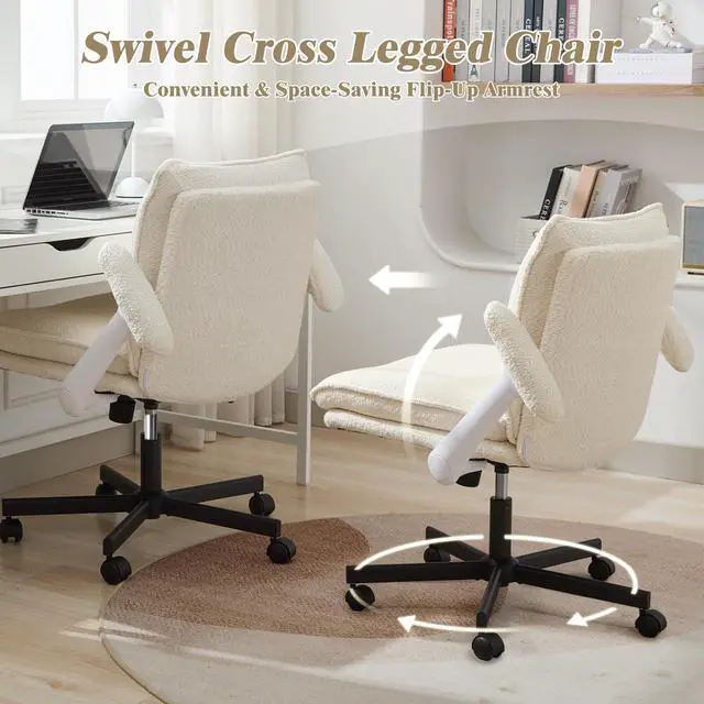 Alt view image 4 of 6 - Criss Cross Legged Office Chair with Wheels and Flip-Up Arms, Upholstered Criss Cross Desk Chair, Wide Seat Chairs for Home Office, Vanity, Apartment, Beige