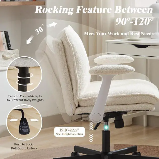 Alt view image 6 of 6 - Criss Cross Legged Office Chair with Wheels and Flip-Up Arms, Upholstered Criss Cross Desk Chair, Wide Seat Chairs for Home Office, Vanity, Apartment, Beige