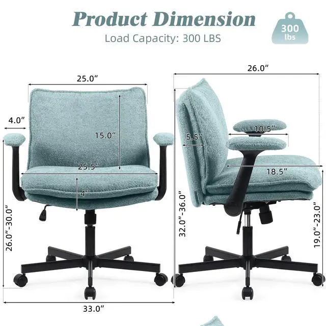 Alt view image 2 of 6 - Criss Cross Legged Office Chair with Wheels and Flip-Up Arms, Upholstered Criss Cross Desk Chair, Wide Seat Chairs for Home Office, Vanity, Apartment, Light Green