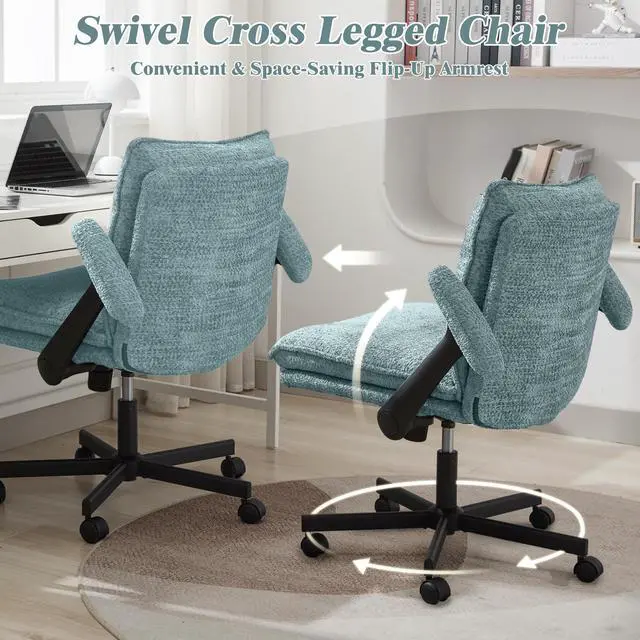 Alt view image 3 of 6 - Criss Cross Legged Office Chair with Wheels and Flip-Up Arms, Upholstered Criss Cross Desk Chair, Wide Seat Chairs for Home Office, Vanity, Apartment, Light Green