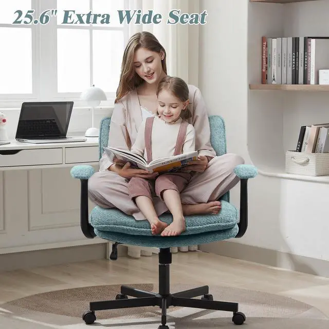 Alt view image 4 of 6 - Criss Cross Legged Office Chair with Wheels and Flip-Up Arms, Upholstered Criss Cross Desk Chair, Wide Seat Chairs for Home Office, Vanity, Apartment, Light Green