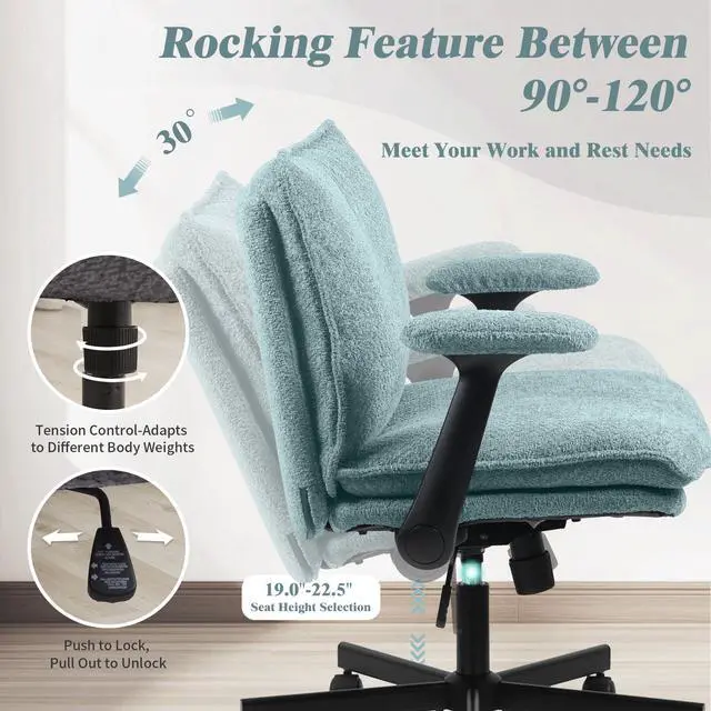 Alt view image 6 of 6 - Criss Cross Legged Office Chair with Wheels and Flip-Up Arms, Upholstered Criss Cross Desk Chair, Wide Seat Chairs for Home Office, Vanity, Apartment, Light Green