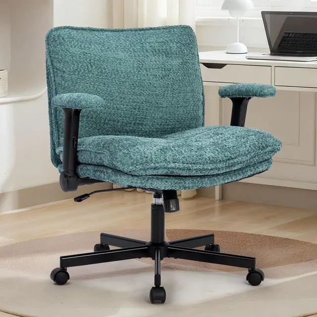 Main image of Criss Cross Legged Office Chair with Wheels and Flip-Up Arms, Upholstered Criss Cross Desk Chair, Wide Seat Chairs for Home Office, Vanity, Apartment, Green