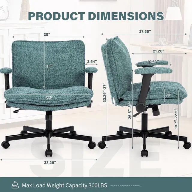 Alt view image 2 of 6 - Criss Cross Legged Office Chair with Wheels and Flip-Up Arms, Upholstered Criss Cross Desk Chair, Wide Seat Chairs for Home Office, Vanity, Apartment, Green