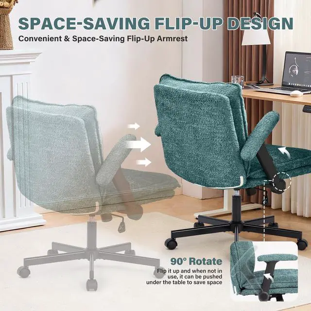 Alt view image 3 of 6 - Criss Cross Legged Office Chair with Wheels and Flip-Up Arms, Upholstered Criss Cross Desk Chair, Wide Seat Chairs for Home Office, Vanity, Apartment, Green