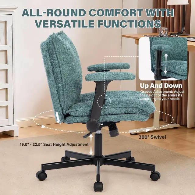 Alt view image 4 of 6 - Criss Cross Legged Office Chair with Wheels and Flip-Up Arms, Upholstered Criss Cross Desk Chair, Wide Seat Chairs for Home Office, Vanity, Apartment, Green
