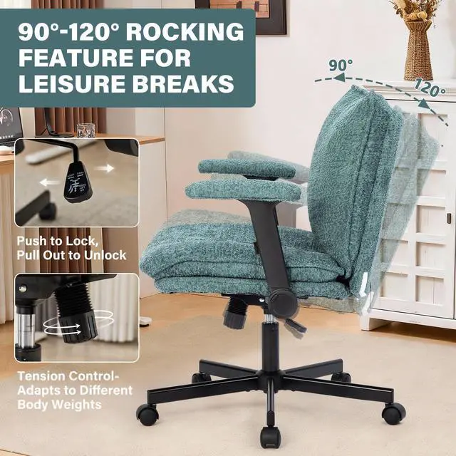 Alt view image 5 of 6 - Criss Cross Legged Office Chair with Wheels and Flip-Up Arms, Upholstered Criss Cross Desk Chair, Wide Seat Chairs for Home Office, Vanity, Apartment, Green