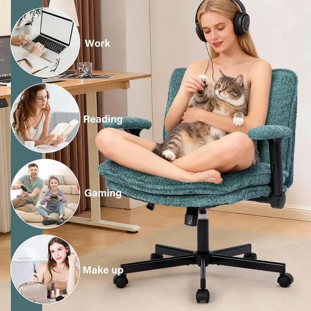 Alt view image 6 of 6 - Criss Cross Legged Office Chair with Wheels and Flip-Up Arms, Upholstered Criss Cross Desk Chair, Wide Seat Chairs for Home Office, Vanity, Apartment, Green